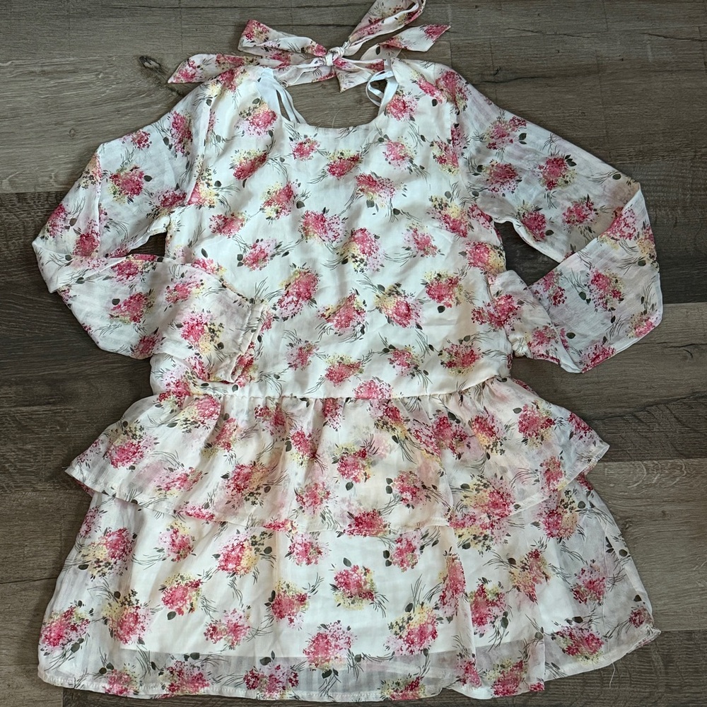 Tobi Pink & White Floral Mini Waterfall Sheer Lined Dress w/ V shape back Small